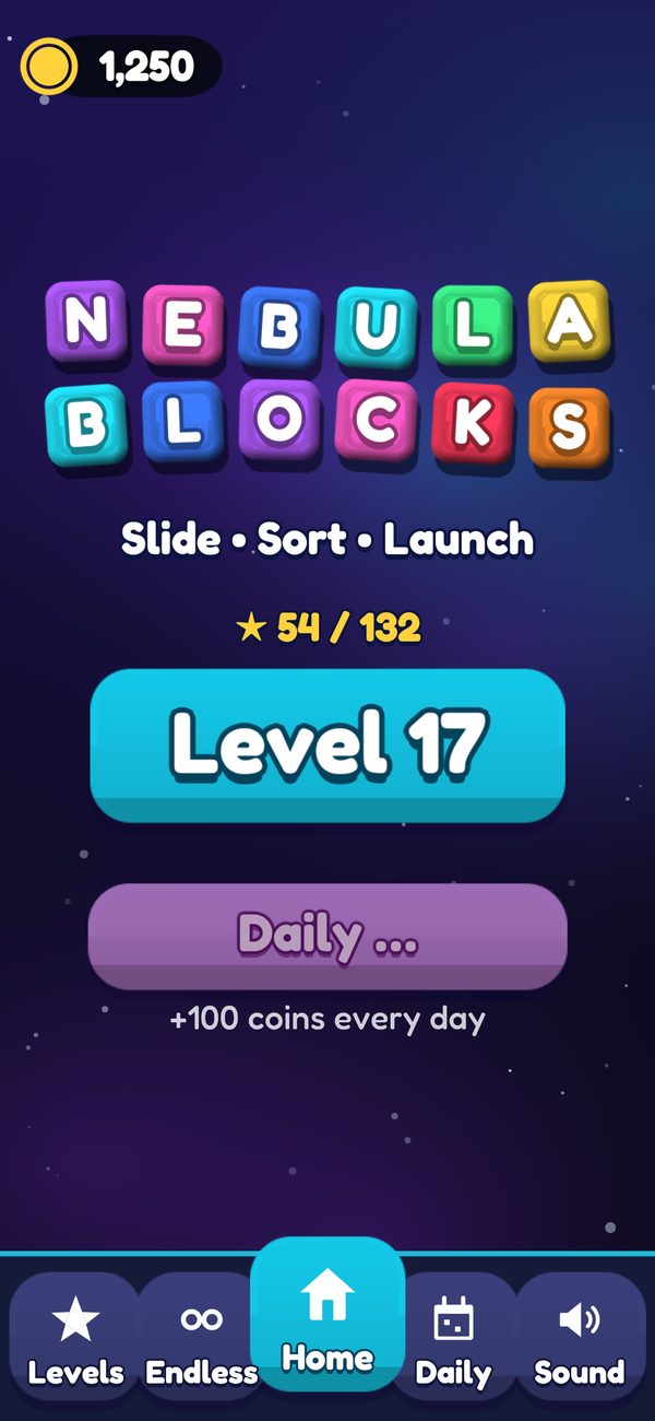 Home screen with the Nebula Blocks logo and a Level 17 button
