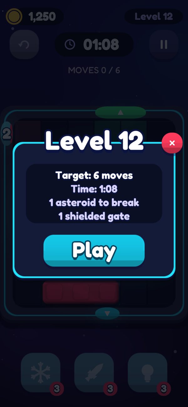 Level 12 start dialog showing the target moves and time