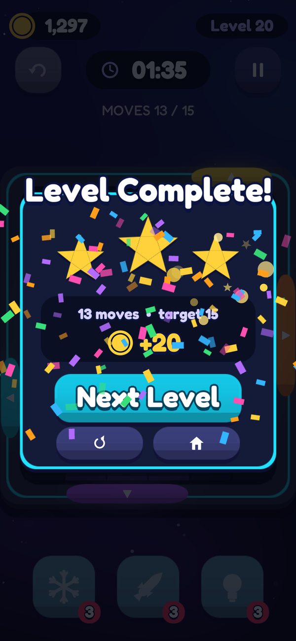 Level Complete dialog with three stars and confetti